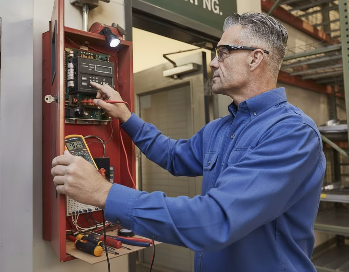 an electrician wiring a fire alarm electrical system