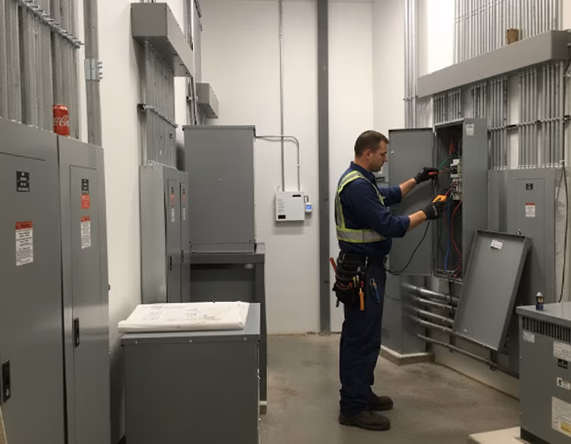 commercial electrician working on electrical panels