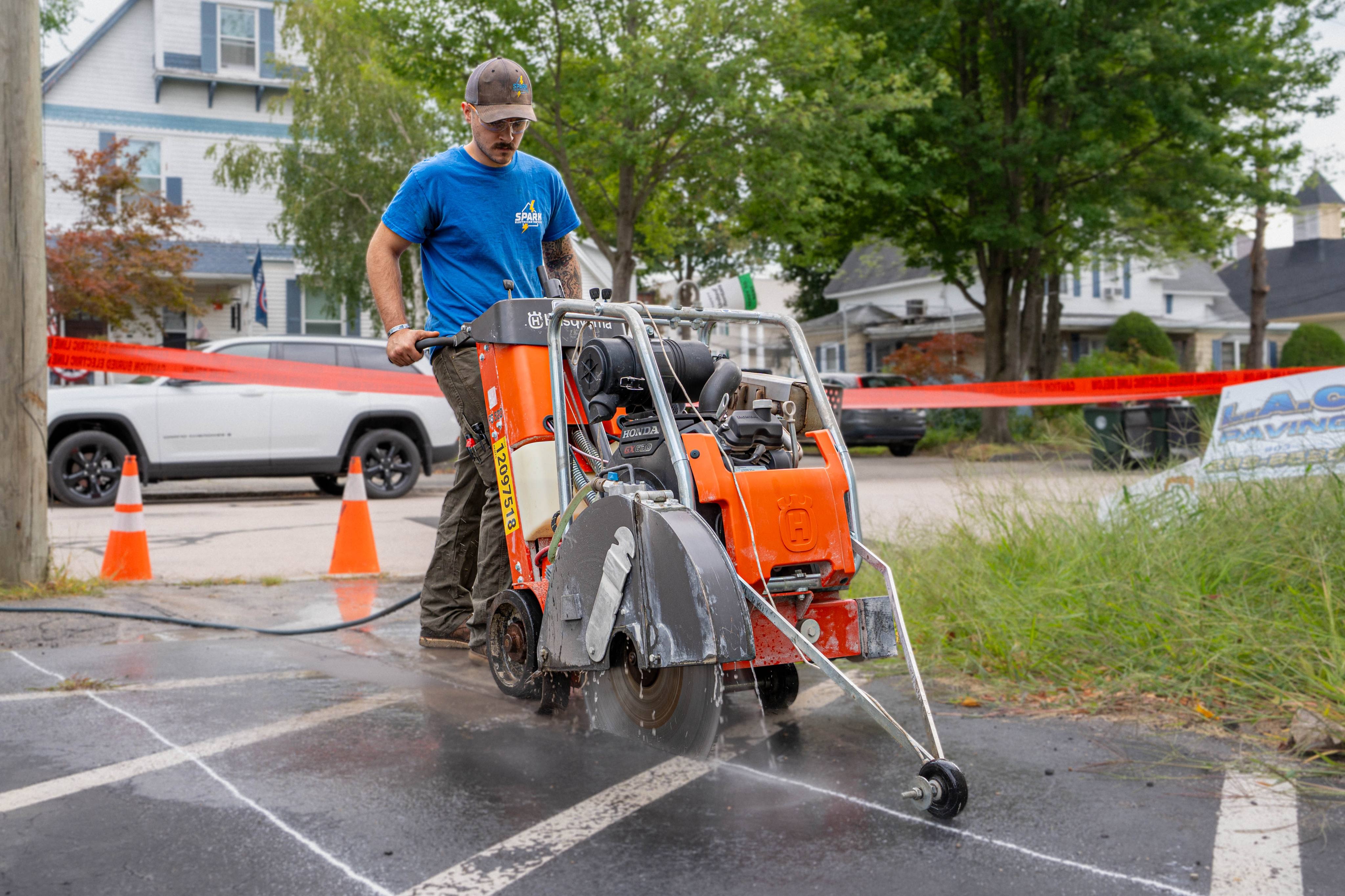 Saw-cutting pavement for the new underground electrical service