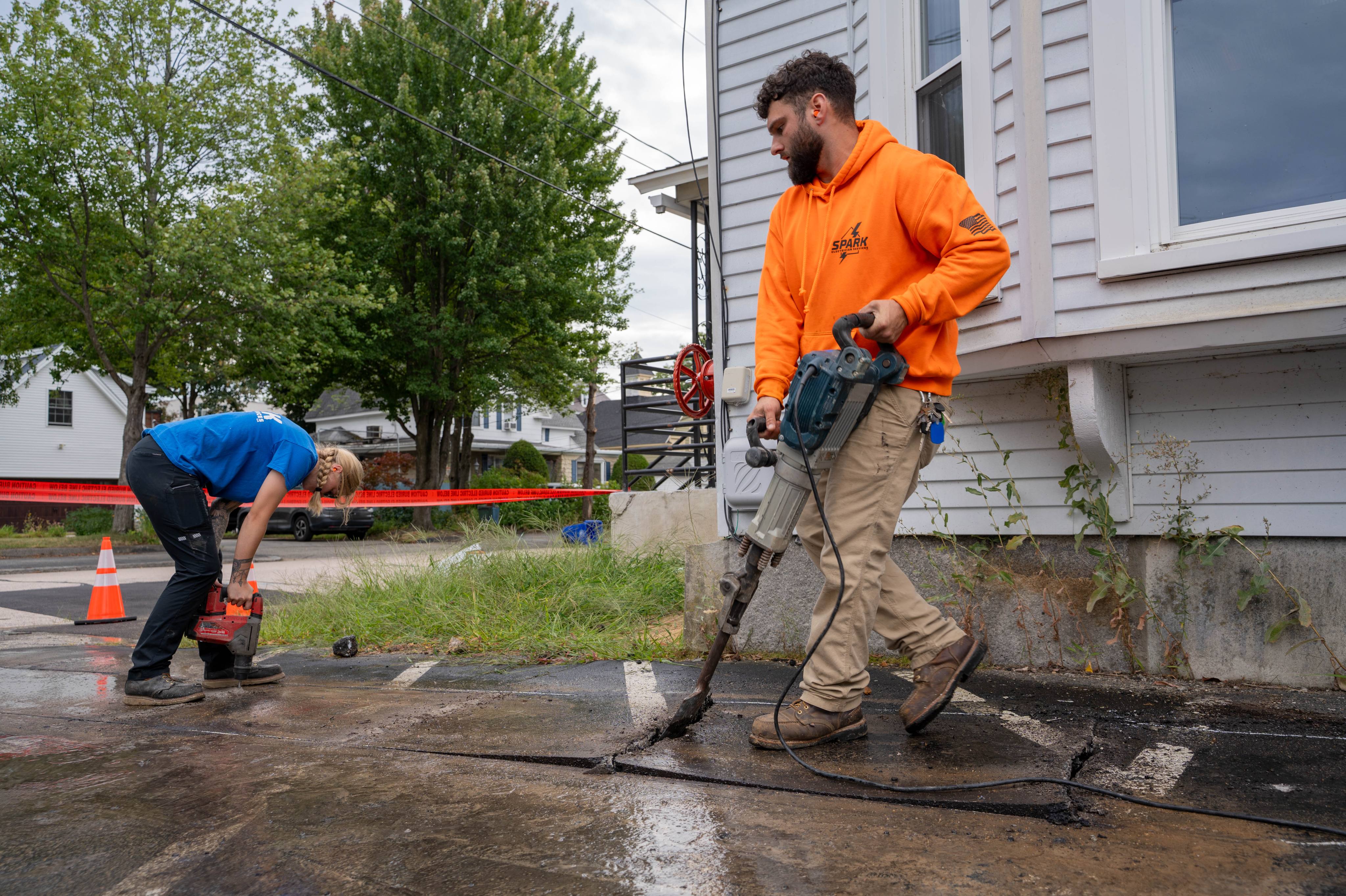 Saw-cutting pavement for the new underground electrical service