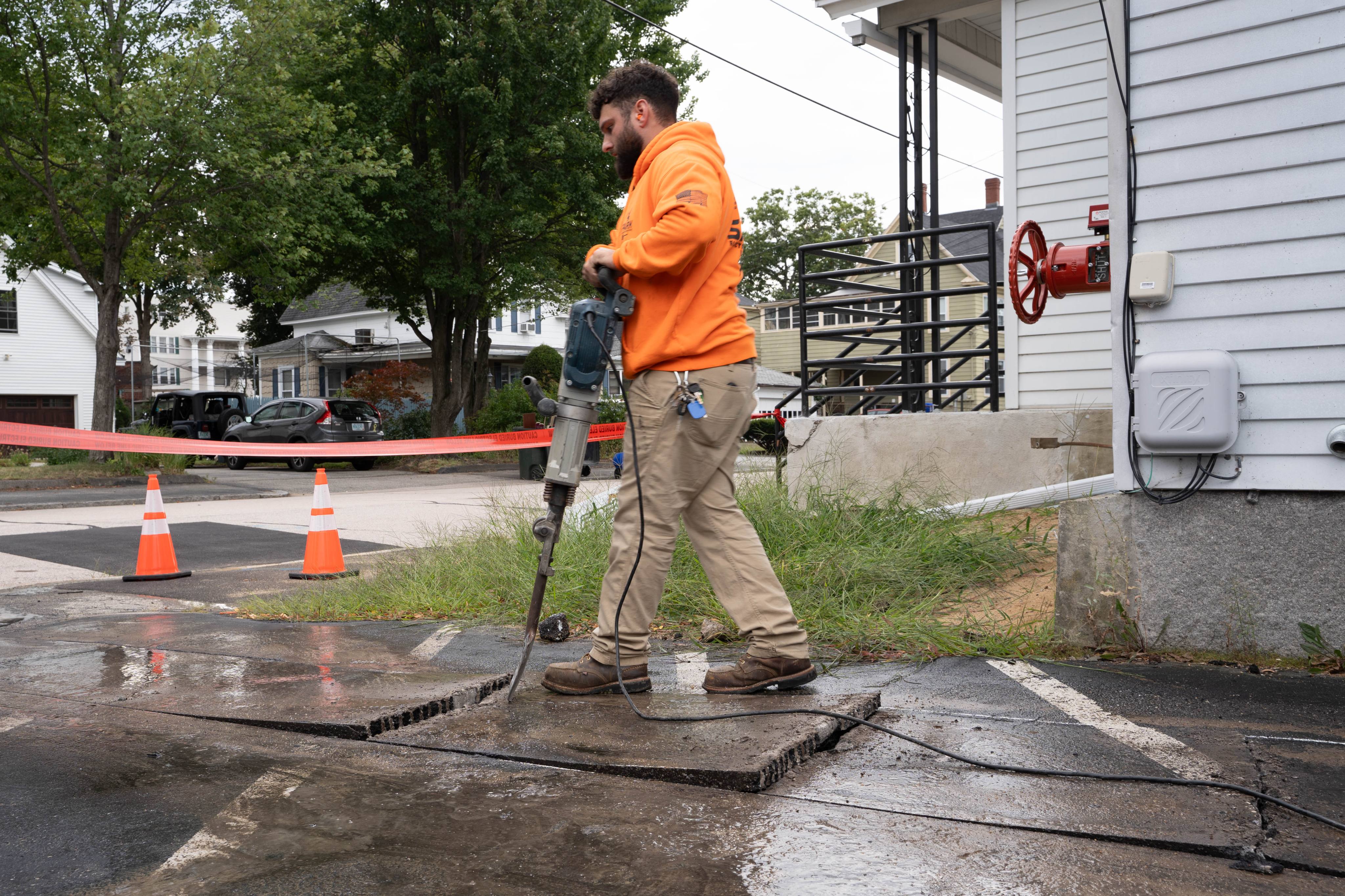 Saw-cutting pavement for the new underground electrical service