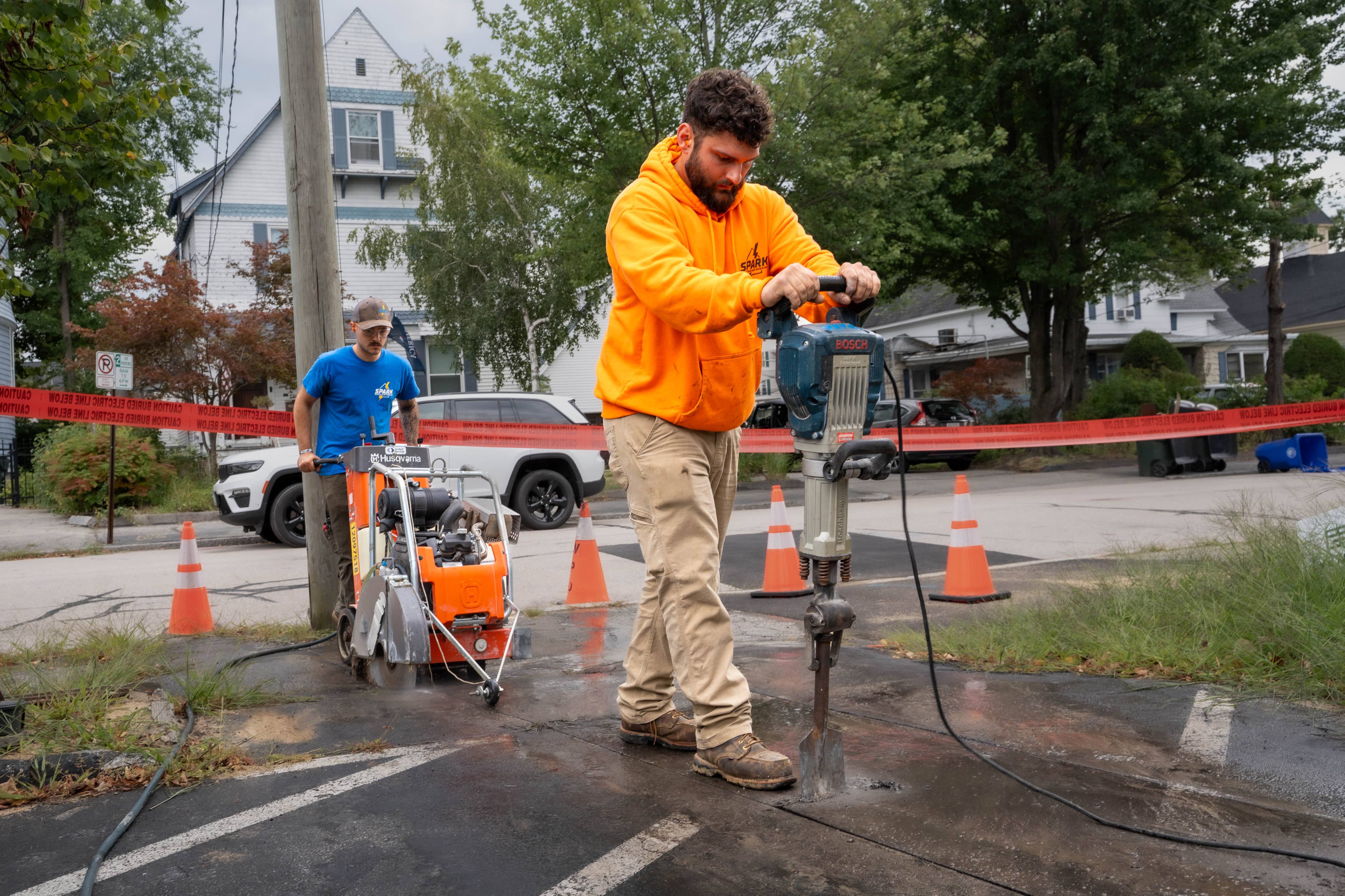 Saw-cutting pavement for the new underground electrical service