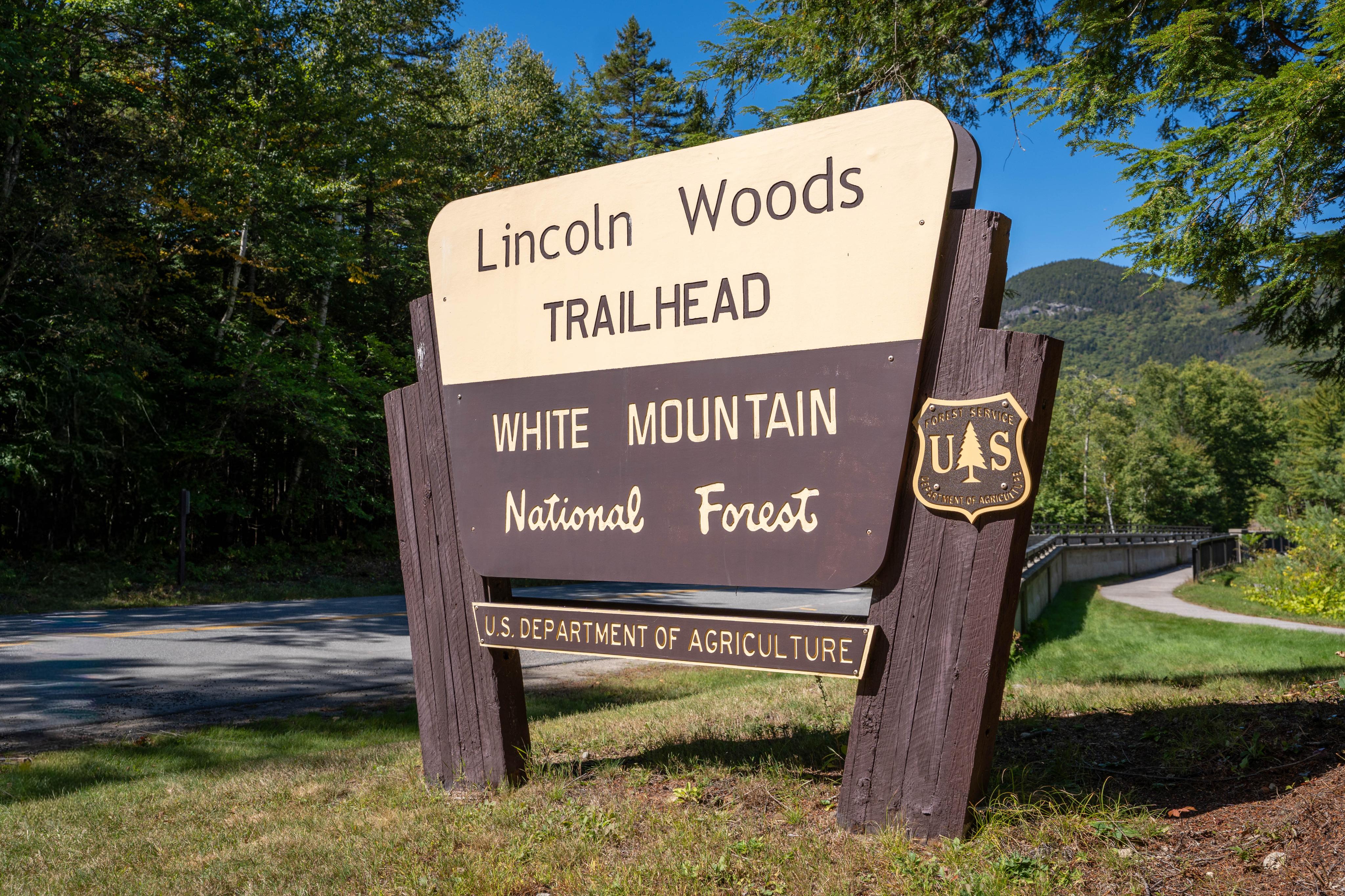 Lincoln Woods Trailhead sign at the White Mountain National Forest project site